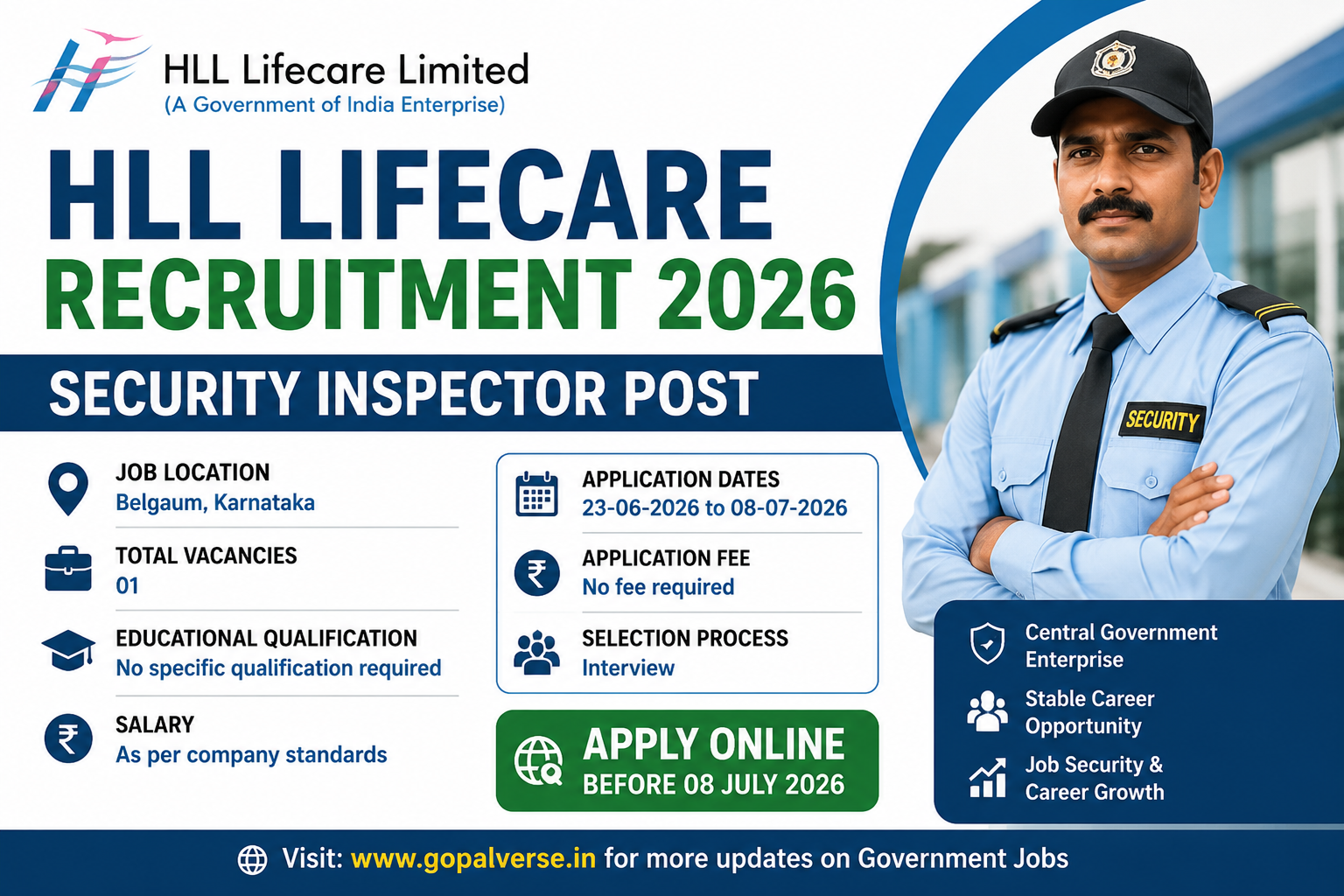 HLL Lifecare Recruitment 2026 Security Inspector Recruitment in Belgaum Karnataka Apply Online