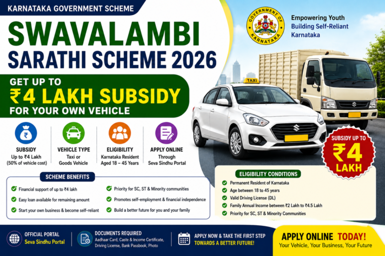 Swavalambi Sarathi Scheme 2026 offering up to ₹4 lakh subsidy for taxi and goods vehicle purchase to eligible Karnataka youth