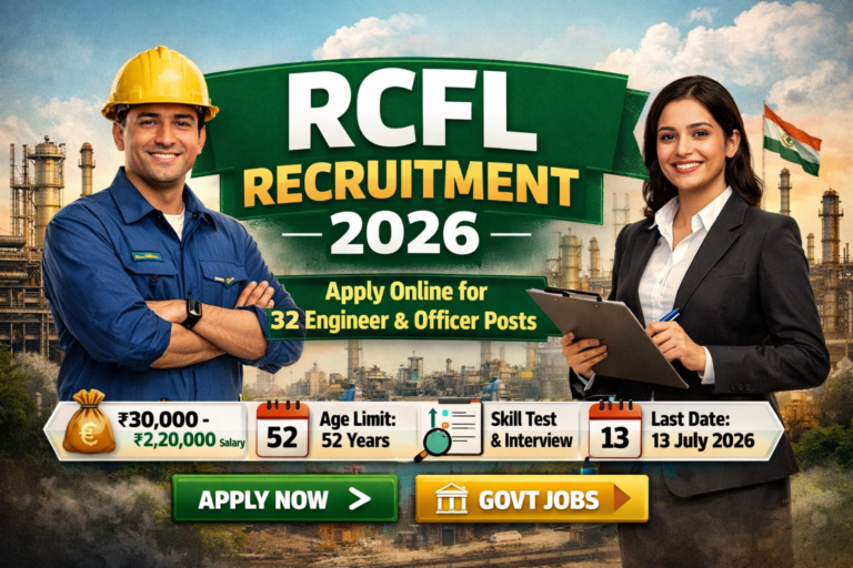 RCFL Recruitment 2026 Apply Online for 32 Engineer and Officer Posts – Government job advertisement showing engineer and officer with industrial plant background, salary ₹30,000–₹2,20,000, age limit 52 years, skill test and interview details, last date 13 July 2026.