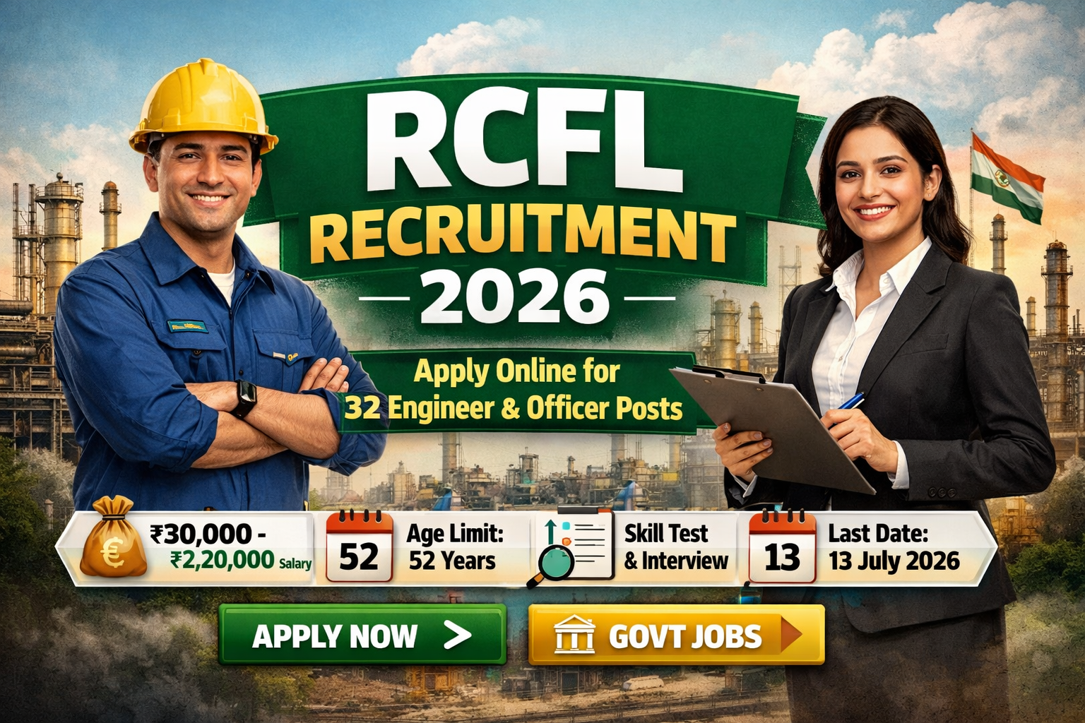 RCFL Recruitment 2026 Apply Online for 32 Engineer and Officer Posts – Government job advertisement showing engineer and officer with industrial plant background, salary ₹30,000–₹2,20,000, age limit 52 years, skill test and interview details, last date 13 July 2026.