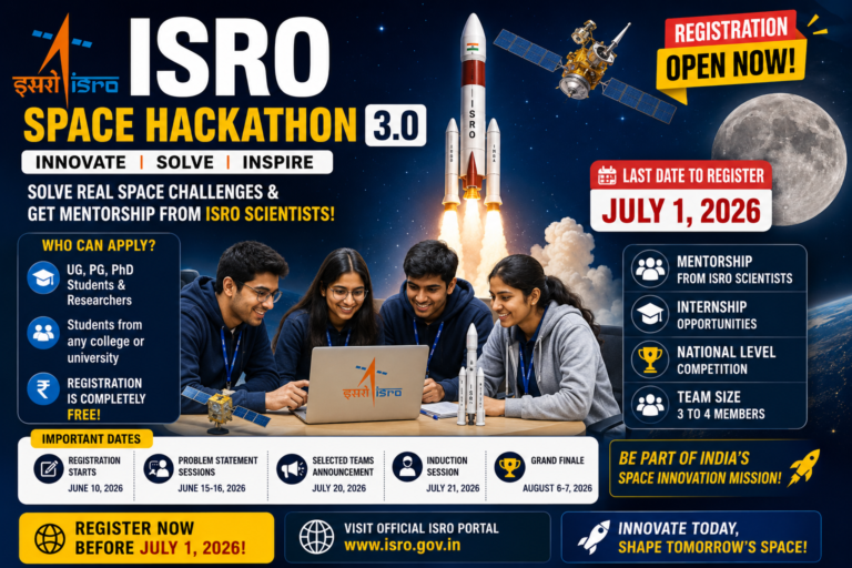 ISRO Space Hackathon 2026 free registration for students with internship opportunities and mentorship from ISRO scientists