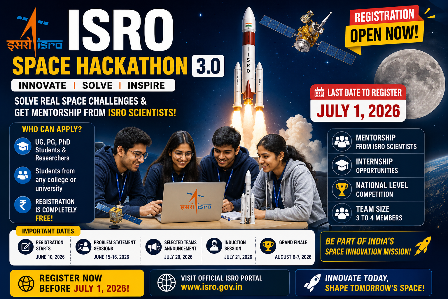 ISRO Space Hackathon 2026 free registration for students with internship opportunities and mentorship from ISRO scientists