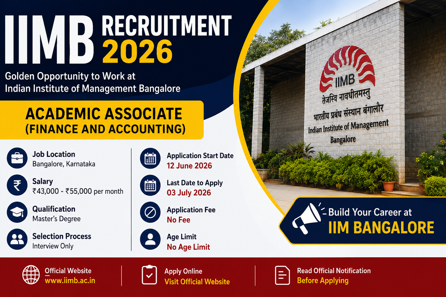 IIMB Recruitment 2026 Academic Associate Finance and Accounting Bangalore salary ₹55000 apply online