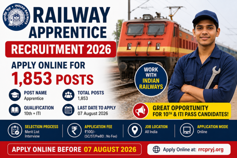 Railway Apprentice Recruitment 2026 notification for 1,853 Apprentice posts with 10th Pass and ITI eligibility, last date 07 August 2026.