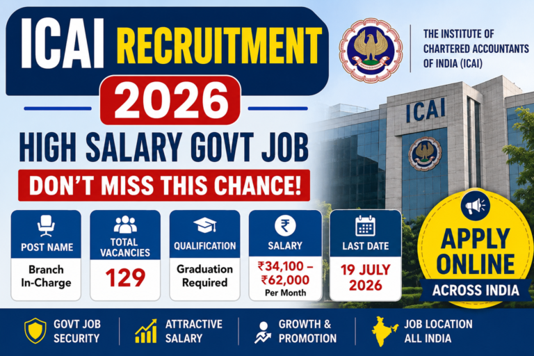 ICAI Recruitment 2026 notification image showing 129 Branch In-Charge vacancies, high salary government job, eligibility graduation required, last date 19 July 2026, apply online across India