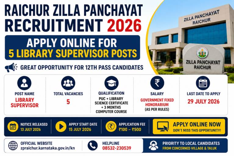 Raichur Zilla Panchayat Recruitment 2026 – Apply Online for 5 Library Supervisor Posts