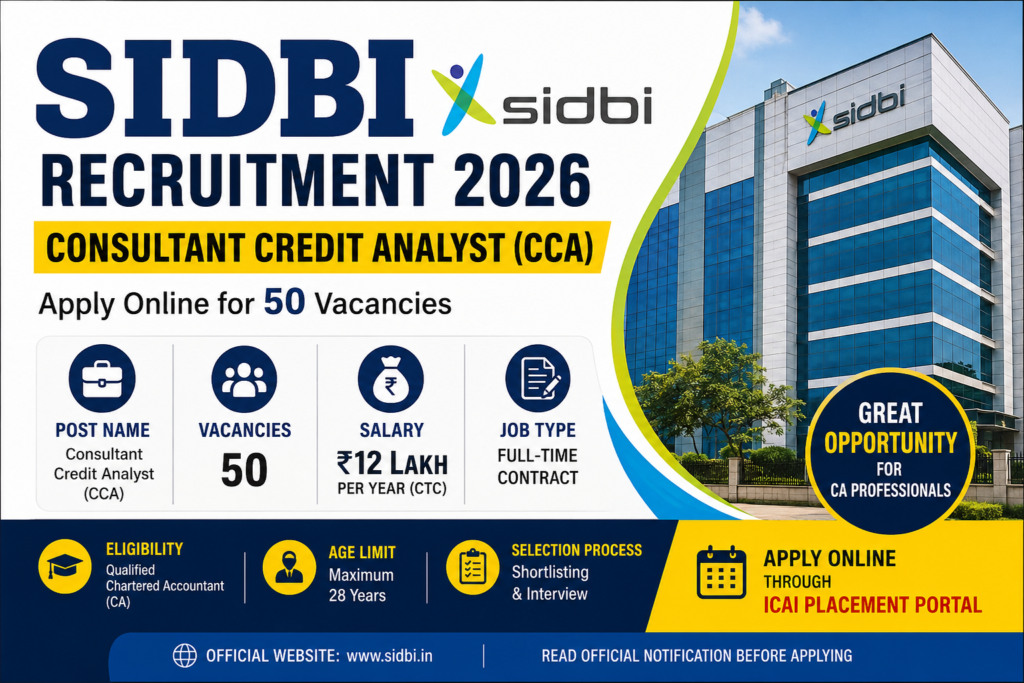 SIDBI Recruitment 2026 notification for 50 Consultant Credit Analyst (CCA) posts with ₹12 lakh salary and apply online details.