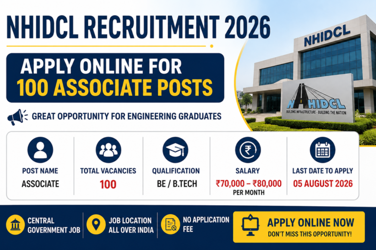 NHIDCL Recruitment 2026 infographic showing 100 Associate vacancies, BE/B.Tech eligibility, salary up to ₹80,000 per month, and online application details.