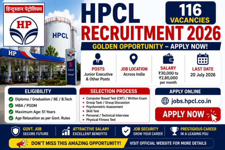 HPCL Recruitment 2026 Notification – 116 Vacancies Apply Online Government Job