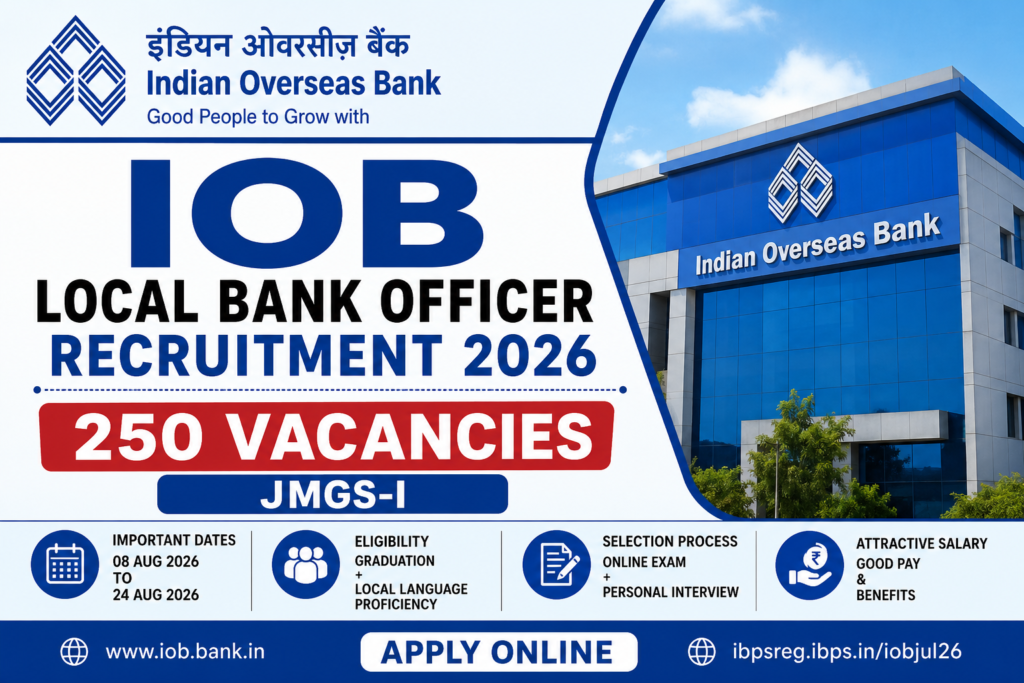 IOB Local Bank Officer Recruitment 2026 – 250 vacancies for JMGS-I posts